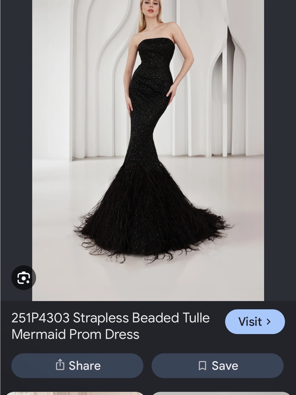 Terani Couture Strapless Black Beaded Mermaid Gown with Feathered Hem